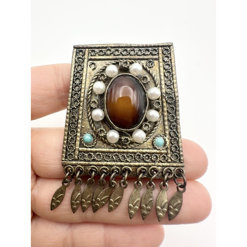 Israel Silver Tone Faux Pearl Filigree Pendant Brooch